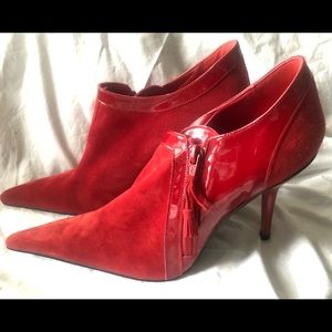 Steve Madden vintage red suede/patent leather, leather-lined, stiletto booties.
